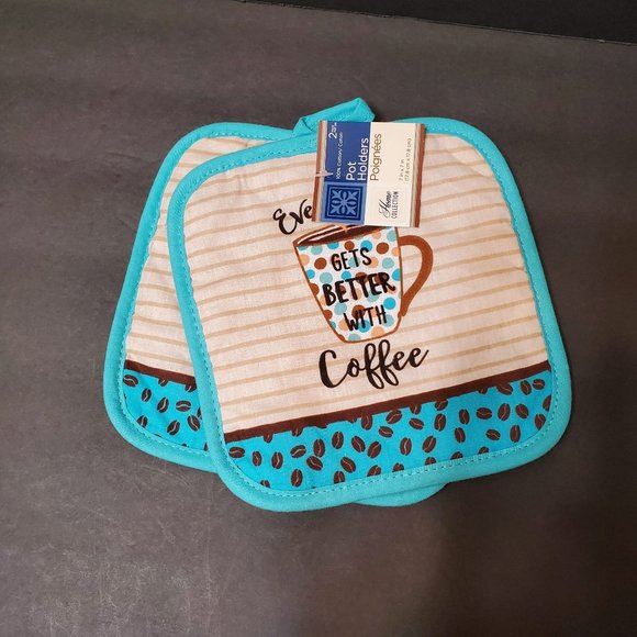 Coffee decor Oven Mitt Potholders, Turquoise, Everything Gets Better with Coffee - Picture 5 of 6